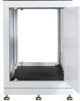 An empty Innovative Marine - INT 170 Aquarium with an APS Stand has its door open, showing a spacious interior perfect for an NUVO INT setup. With adjustable feet and a sturdy frame, it’s ideal for intricate electronic equipment. The background is plain white.