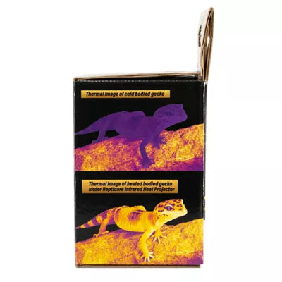 The Zoo Med - ReptiCare Infrared Heat Projector 35w box shows two gecko thermal images: a cold-bodied one in purple and a heated-bodied one in yellow, both enhanced with infrared technology. Labels indicate deep-penetrating thermal effects.
