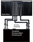Diagram of an innovative marine plumbing kit for the INT 112 Gallon Lagoon Aquarium Reef System. The top section shows vertical pipes from the back, and the bottom displays horizontal interconnected pipes. Text: No Glue Required, Complete Preassembled Plumbing Kit.