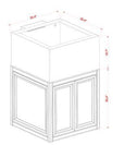 A 3D line drawing of a corner kitchen cabinet, styled like the Innovative Marine-EXT 112 Lagoon Aquarium w/ APS Stand in black, features double front doors and dimensions marked at 35.4 inches wide on both sides and 35.4 inches high.