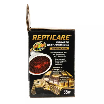 Zoo Med - ReptiCare Infrared Heat Projector 35w is shown with a tortoise basking under its glow. The text highlights maintaining a pets sleep cycle with deep-penetrating heat and emphasizes the energy efficiency of this 35-watt professional series product.