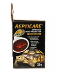 Zoo Med - ReptiCare Infrared Heat Projector 35w is shown with a tortoise basking under its glow. The text highlights maintaining a pets sleep cycle with deep-penetrating heat and emphasizes the energy efficiency of this 35-watt professional series product.