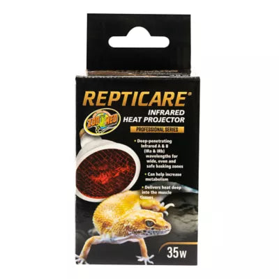 The Zoo Med ReptiCare Infrared Heat Projector 35w packaging features an energy-efficient design with deep-penetrating infrared heat, optimal for reptile metabolism and muscle heating, alongside a lizard graphic.