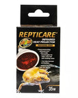 The Zoo Med ReptiCare Infrared Heat Projector 35w packaging features an energy-efficient design with deep-penetrating infrared heat, optimal for reptile metabolism and muscle heating, alongside a lizard graphic.