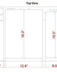 The top view layout of the Innovative Marine - INT 112 Gallon Lagoon Aquarium Complete Reef System features three sections: 4.3 inches wide on the left, 12.4 inches in the center, and 6.5 inches on the right; all are 16.3 inches tall—perfect for reef system design.