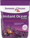 The Instant Ocean Sea Salt Dry Mix 50 Gal bag, in purple and white with a clownfish image, dissolves quickly, supports coral growth for reef aquariums, and is free from nitrates and phosphates. This 15 lb package treats 50 gallons.