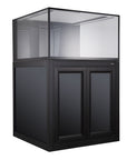 The Innovative Marine - INT 112 Gallon Lagoon Aquarium Complete Reef System features a tall black rectangular stand with two paneled doors for storage, complementing the sleek design and transparent enclosure, perfect for modern Saltwater Reef Systems.