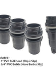 Four black PVC bulkhead fittings are shown against a crisp white background. Three have 1-inch slip connections, and one has a 3/4-inch with hose barb and slip connection. Ideal for an Innovative Marine - INT 112 Gallon Lagoon Aquarium Complete Reef System.