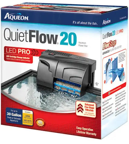 The Aqueon QuietFlow 20 LED Pro Filter box showcases images of the filter and highlights features such as an LED cartridge change indicator, five-stage filtration, and suitability for tanks up to 30 gallons.