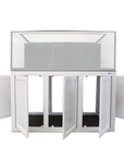 The Innovative Marine - INT 170 Aquarium w/ APS Stand offers a sleek, modern design with transparent panels and white wooden accents. It features six cabinet doors and NUVO INTs internal overflow system for functionality, blending seamlessly into any space.