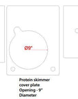 Diagram of a protein skimmer cover plate designed for the Innovative Marine INT 112 Gallon Lagoon Aquarium, featuring a central 9-inch circular opening. The layout is perfect for saltwater reef systems and includes two smaller rectangular parts on each side with circular holes.