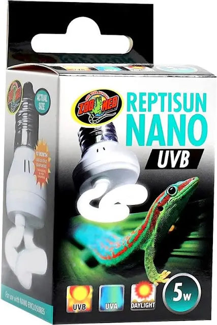 The Zoo Med - ReptiSun Nano - UVB packaging features a coiled UVB bulb and gecko image, emphasizing its actual size, UVB/UVA output, daylight capability, and 5W power suitable for nano enclosures.