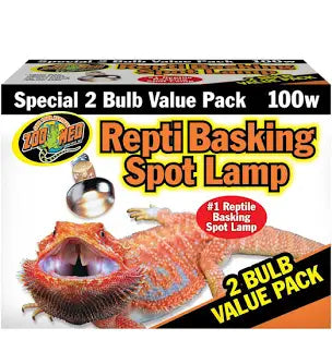 Packaging of Zoo Med - ReptiBasking Spot Lamp 2-pack 100w, displaying an image of a bearded dragon and a spotlight. It emphasizes the Special 2 Bulb Value Pack, boasting its status as the