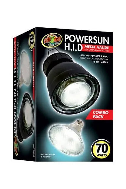 The image shows a Zoo Med PowerSun H.I.D. Metal Halide UVB Lamp & Fixture combo pack, perfect for terrariums with 70 watts. It features high-output UVB, heat, bright light, and natural colors, including one UVB lamp.
