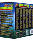 The Zoo Med Repti Fogger Terrarium Humidifier box features a vibrant design with multilingual instructions. This ultrasonic humidifier, adorned with colorful branding and logos, is ideal for maintaining a thriving reptile habitat.