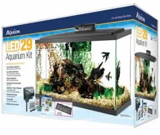 The Aqueon - LED 29 Aquarium Kit comes in a box showcasing its large aquarium with plants and decor. The packaging highlights the kits contents and offers a preview of the assembled setup.