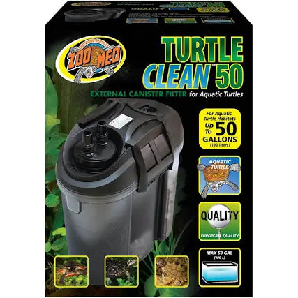 The ZooMed - Turtle Clean 50 External Canister Filter is designed for aquatic turtle habitats up to 50 gallons (190 liters) and features quality assurance labels.