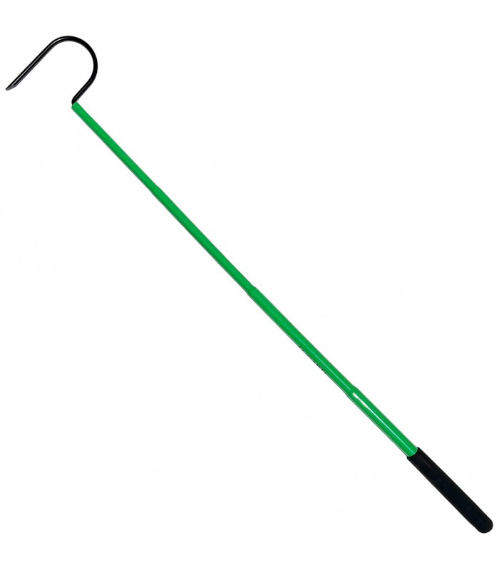 The Lugarti Snake Hook Standard 38 Green is displayed against a white background, featuring a green shaft, black handle, and a curved metal end.