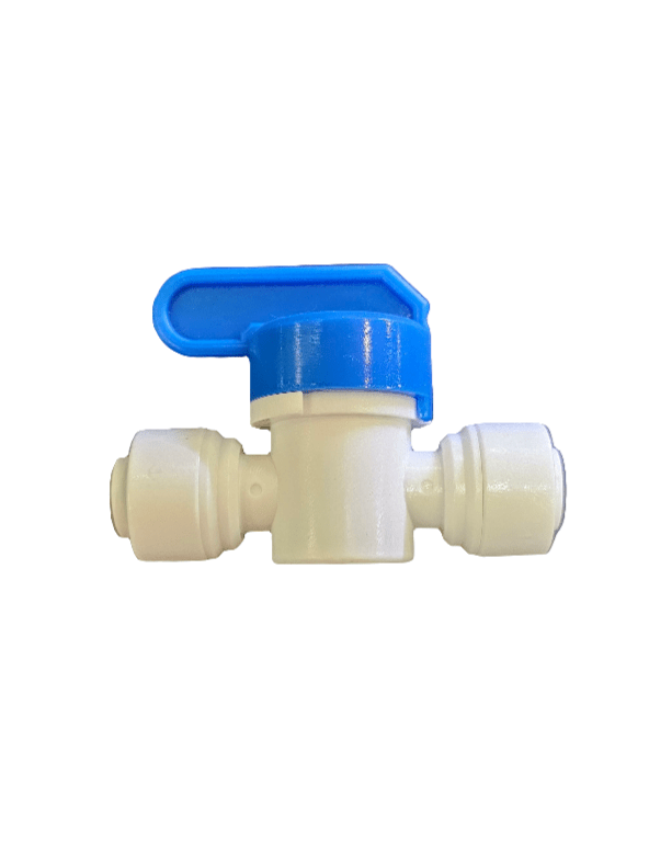 A 1/4" ball valve quick connect, featuring a small white plastic body and a blue lever handle, is designed for regulating fluid flow. It includes two push-fit connectors on each end for easy installation in plumbing systems and is displayed against a white background.