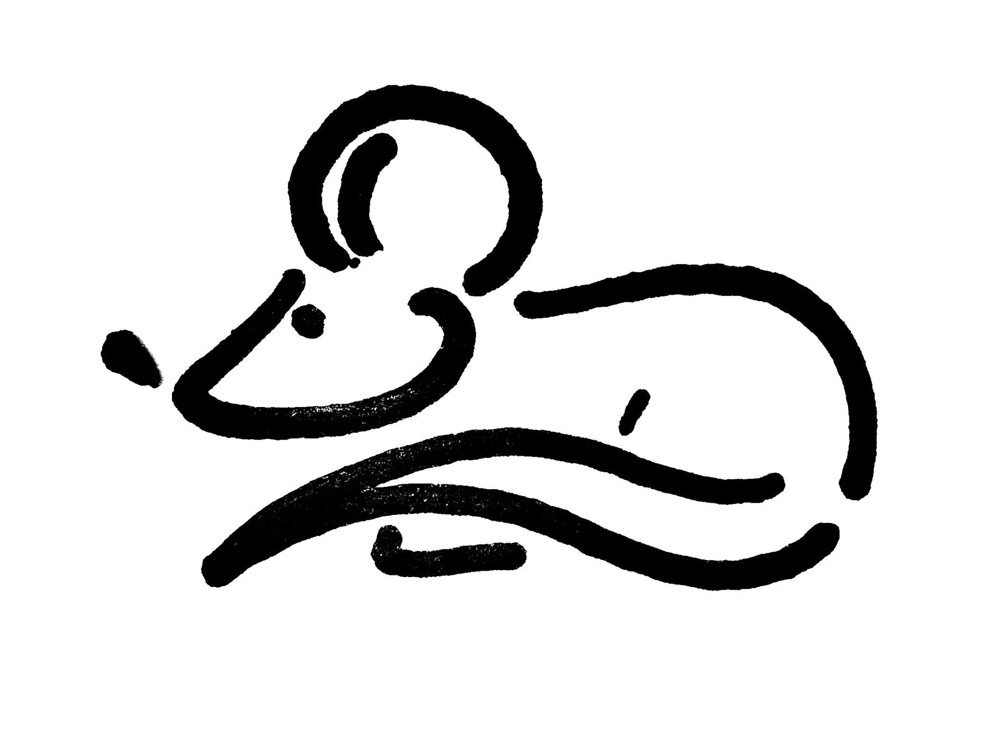 Stylized depiction of a mouse in abstract black lines, showcasing a large round ear and smooth body curves, all set against a stark white background.