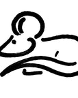 Illustration of a black brushstroke depicting a stylized Frozen Rat Pup with large ears and a curved tail, set against a white background.