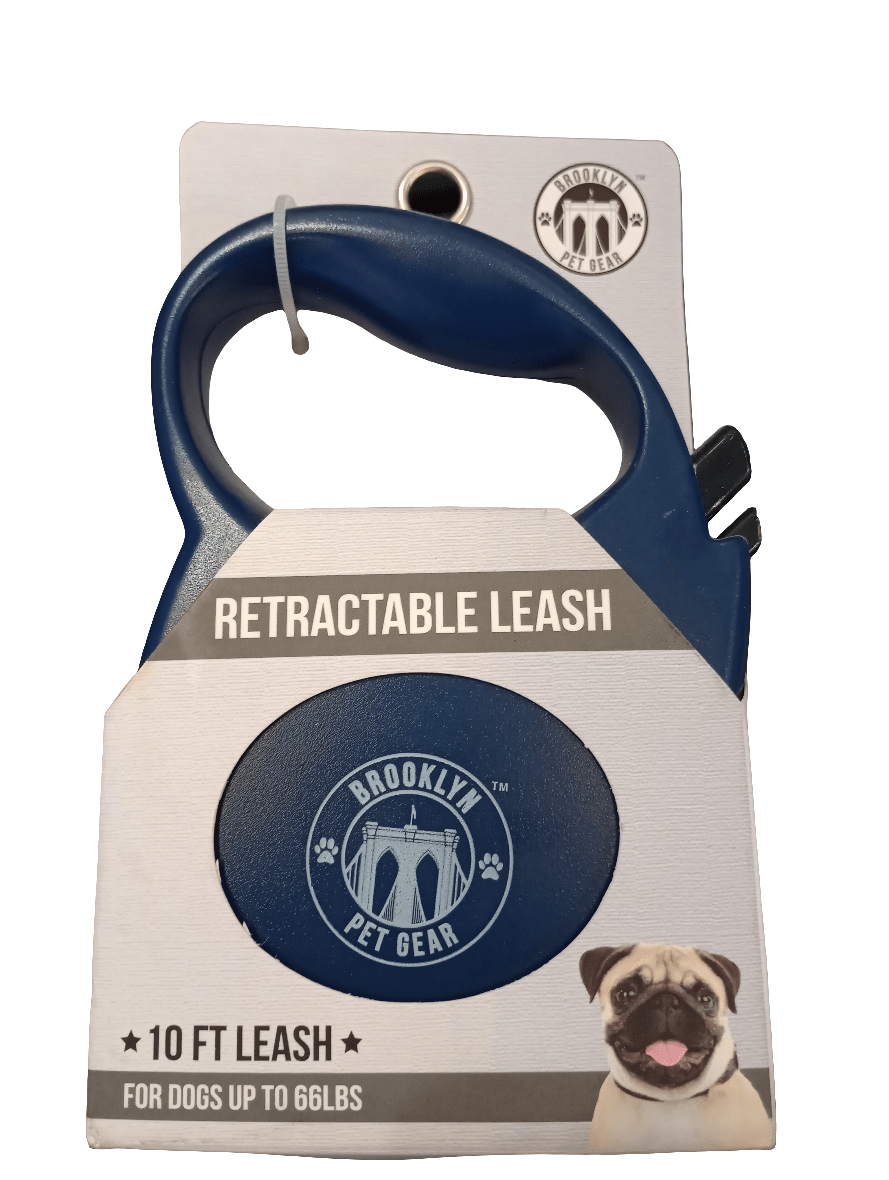 This is a 10' Retractable Dog Leash in blue, packaged under the Brooklyn Pet Gear brand for dogs weighing up to 66 lbs. The packaging includes a logo and an image of a pug in the bottom corner.