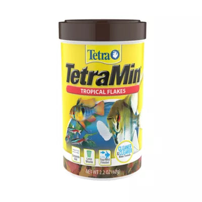 Tetra - TetraMin Tropical Flakes 2.2oz container highlights Clean & Clear Water and Top Feeder benefits on a label adorned with colorful tropical fish images.