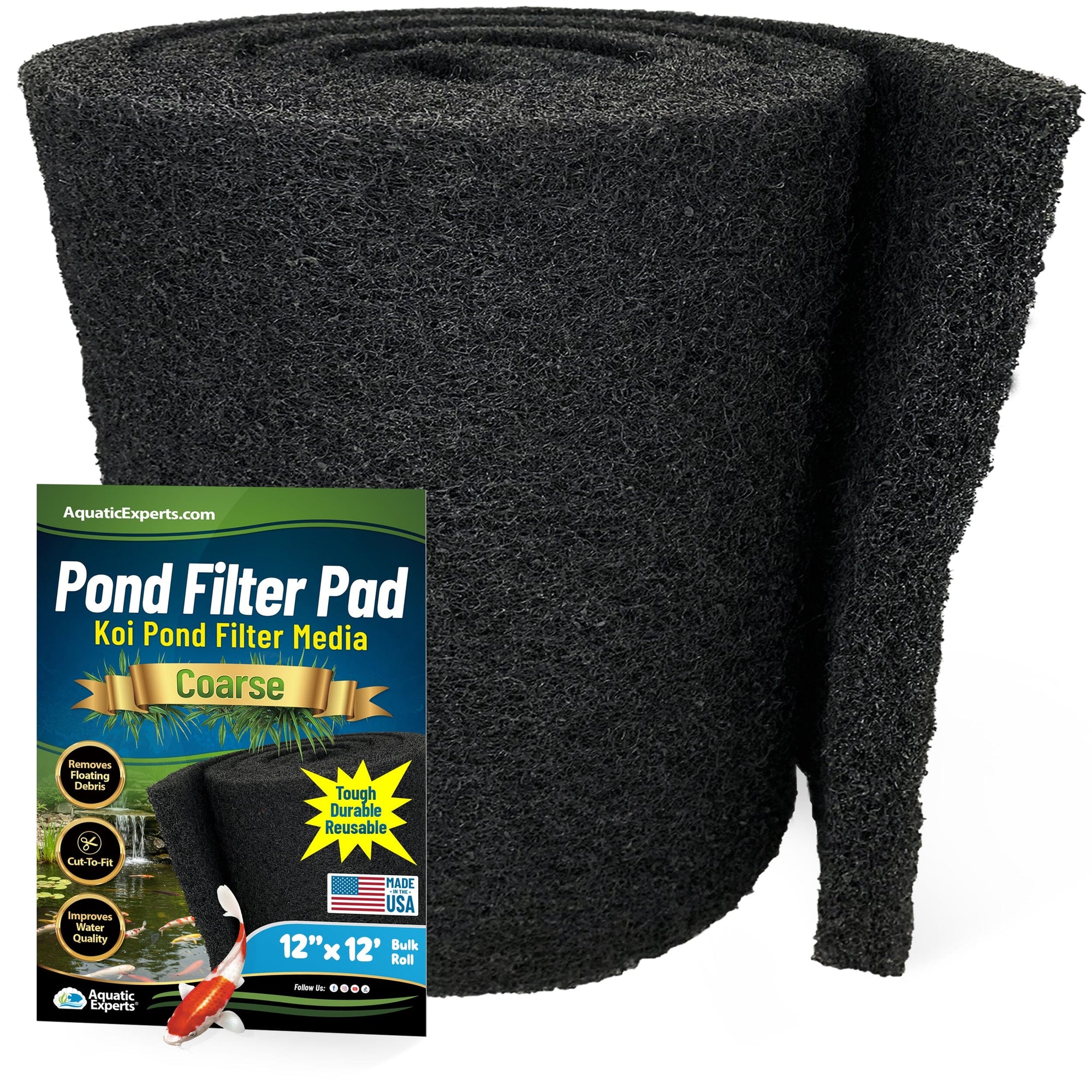 Classic Koi Pond Filter Pad COARSE - Black Bulk Roll Filter Media, Ultra-Durable Latex Coated for Fish Ponds
