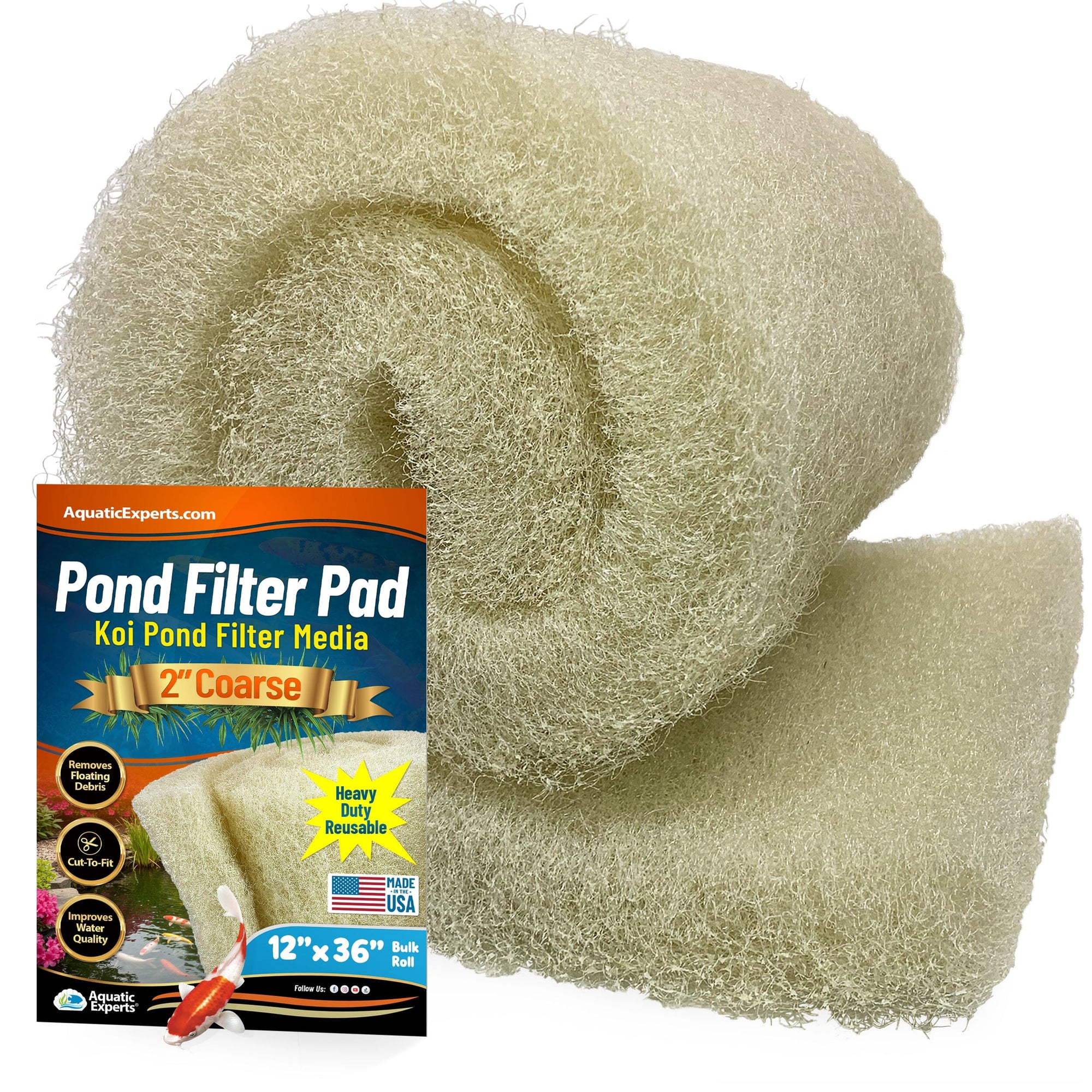 Cream COARSE Pond Filter Pad - 2&quot; Thick Bulk Roll Filter Media for Water Gardens - Made in USA