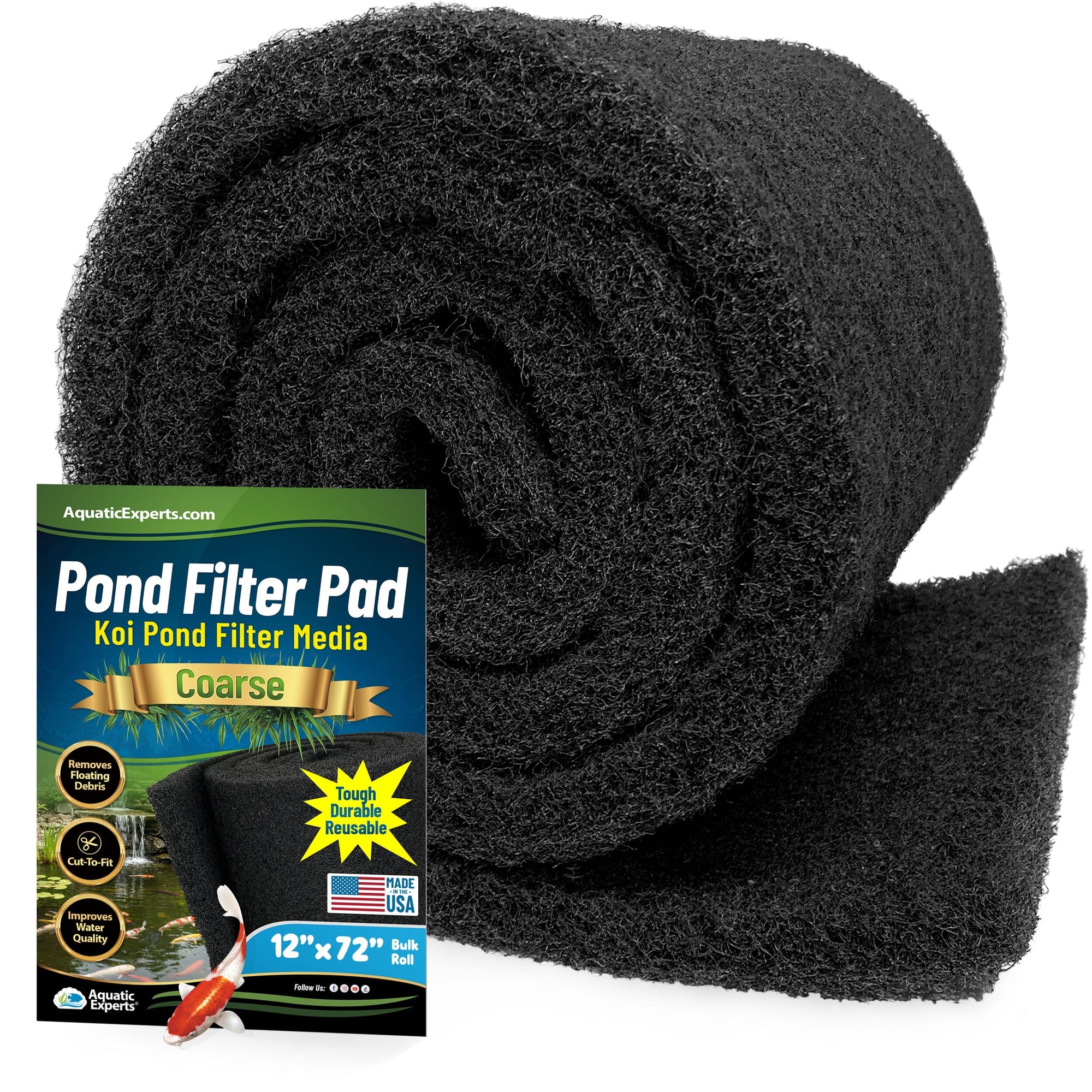 Classic Koi Pond Filter Pad COARSE - Black Bulk Roll Filter Media, Ultra-Durable Latex Coated for Fish Ponds