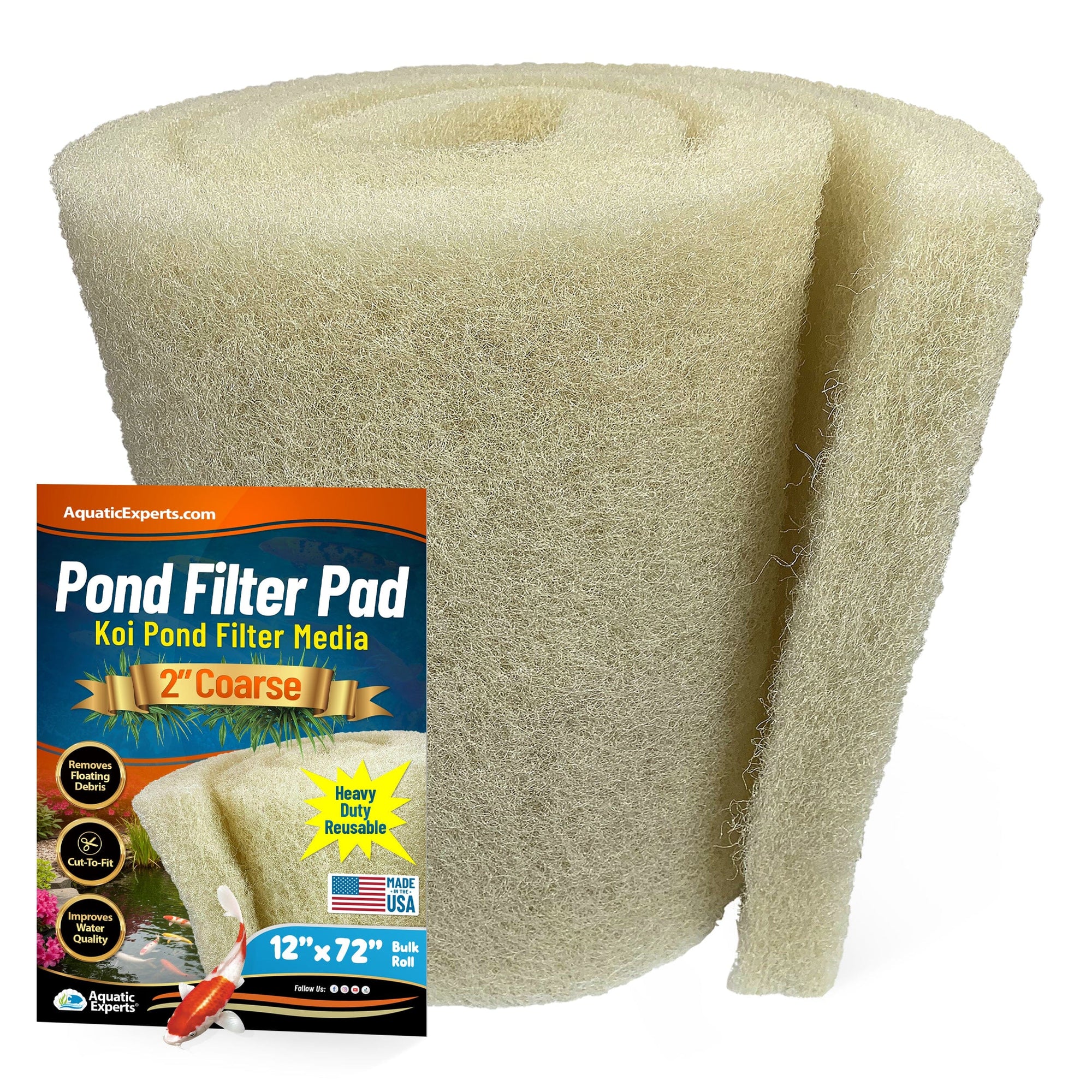 Cream COARSE Pond Filter Pad - 2&quot; Thick Bulk Roll Filter Media for Water Gardens - Made in USA
