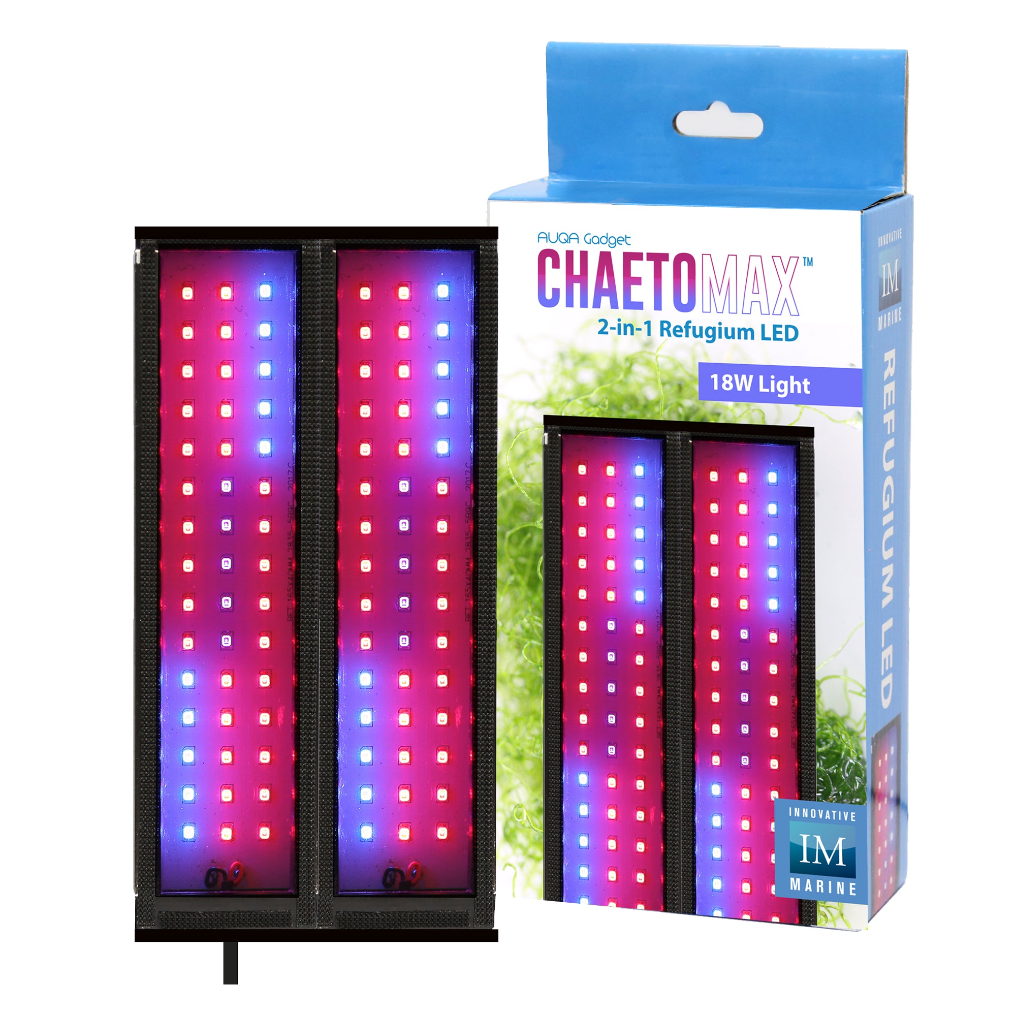 An Innovative Marine ChaetoMax™ 2-IN-1 Refugium LED Light, designed with a spectral recipe for optimal macroalgae growth, is positioned next to its packaging box. The box showcases an image of the light and provides product details, including "18 Watt" and "Innovative Marine.