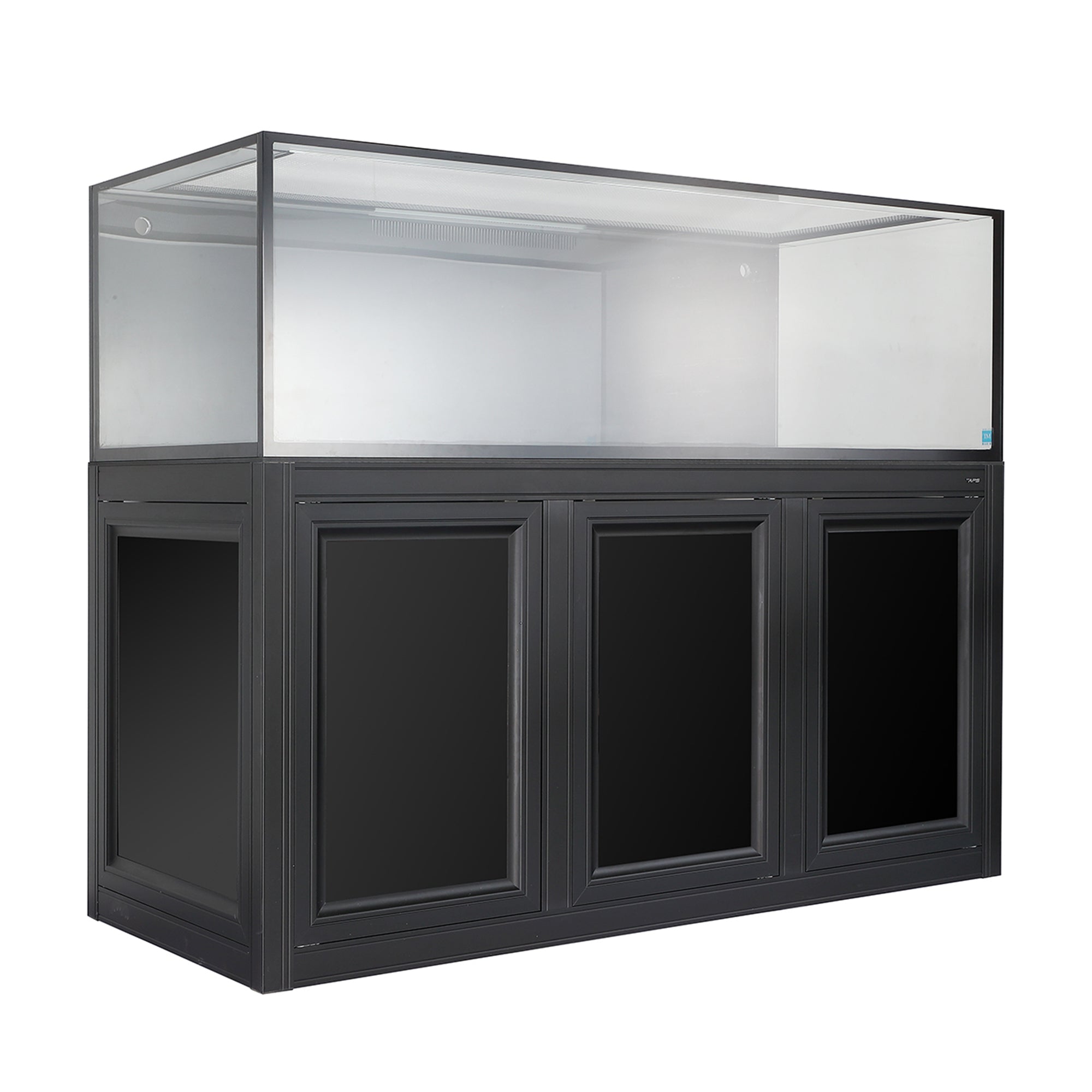 A large, pristine Innovative Marine- EXT 200 Aquarium with an APS Stand sits atop a sleek black wooden cabinet with three panel doors. The empty and clean aquarium matches the cabinets spacious storage in both style and functionality.