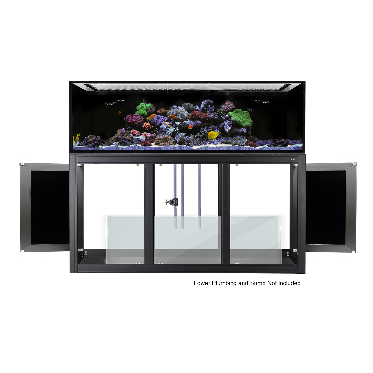 An Innovative Marine- EXT 200 Aquarium with APS Stand, showcasing colorful coral and vibrant marine life. The sleek stand has three open doors revealing glass compartments for equipment. Text below notes, Lower Plumbing and Sump Not Included.