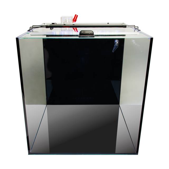 The AQUATOP - Recife ECO 40 Gallon Tank & Stand Combo (Black) features a transparent front, sides, and black back panel. It includes a black lid with a handle, red and white nozzle on top, and is perfect for reef aquarium setups. The tank is empty against a plain background.