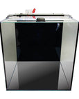 The AQUATOP - Recife ECO 40 Gallon Tank & Stand Combo (Black) features a transparent front, sides, and black back panel. It includes a black lid with a handle, red and white nozzle on top, and is perfect for reef aquarium setups. The tank is empty against a plain background.