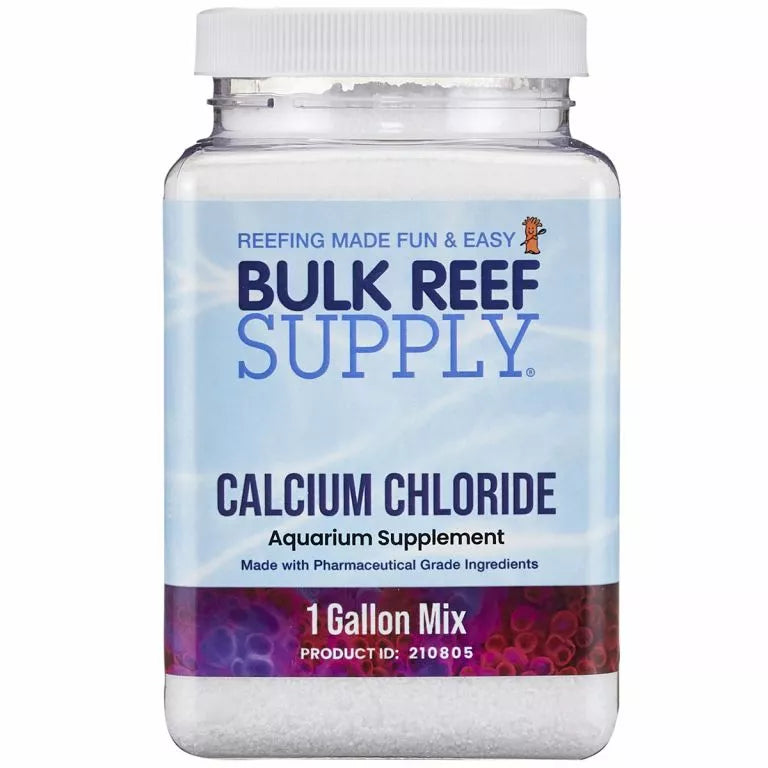 A container of Bulk Reef Supply - Pharma Calcium Chloride 1-Gallon Mix (Single Use), ideal for reef tank enthusiasts. This mix features a blue and white design with text emphasizing its pharmaceutical-grade ingredients, perfect for 2-part additives.