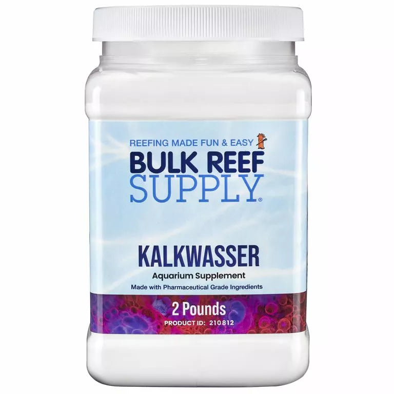 A white plastic container prominently showcases the Bulk Reef Supply Pharma Kalkwasser (Calcium Hydroxide) Aquarium Supplement. Designed for reef aquarium enthusiasts, it features Pharmaceutical Grade Ingredients and has a weight of 2 Pounds. The blue and white design adds a touch of elegance to the package.