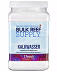 A white plastic container prominently showcases the Bulk Reef Supply Pharma Kalkwasser (Calcium Hydroxide) Aquarium Supplement. Designed for reef aquarium enthusiasts, it features Pharmaceutical Grade Ingredients and has a weight of 2 Pounds. The blue and white design adds a touch of elegance to the package.