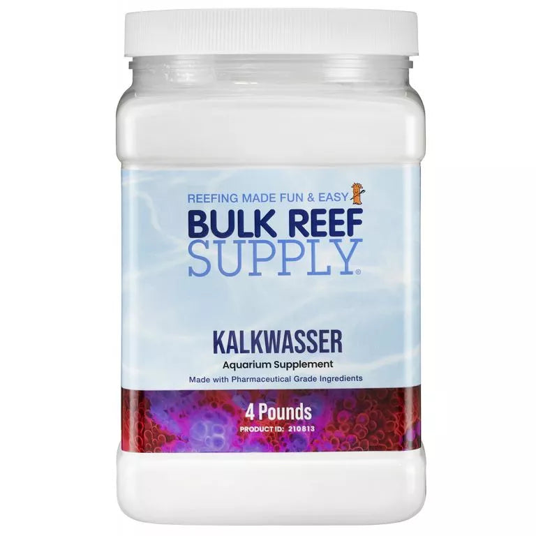 A container of Bulk Reef Supply Pharma Kalkwasser (Calcium Hydroxide), a supplement for reef aquariums, prominently displays on its label that it is made with pharmaceutical-grade calcium hydroxide and has a weight of 4 pounds. The background features a stunning illustration of vibrant reefs and coral patterns.