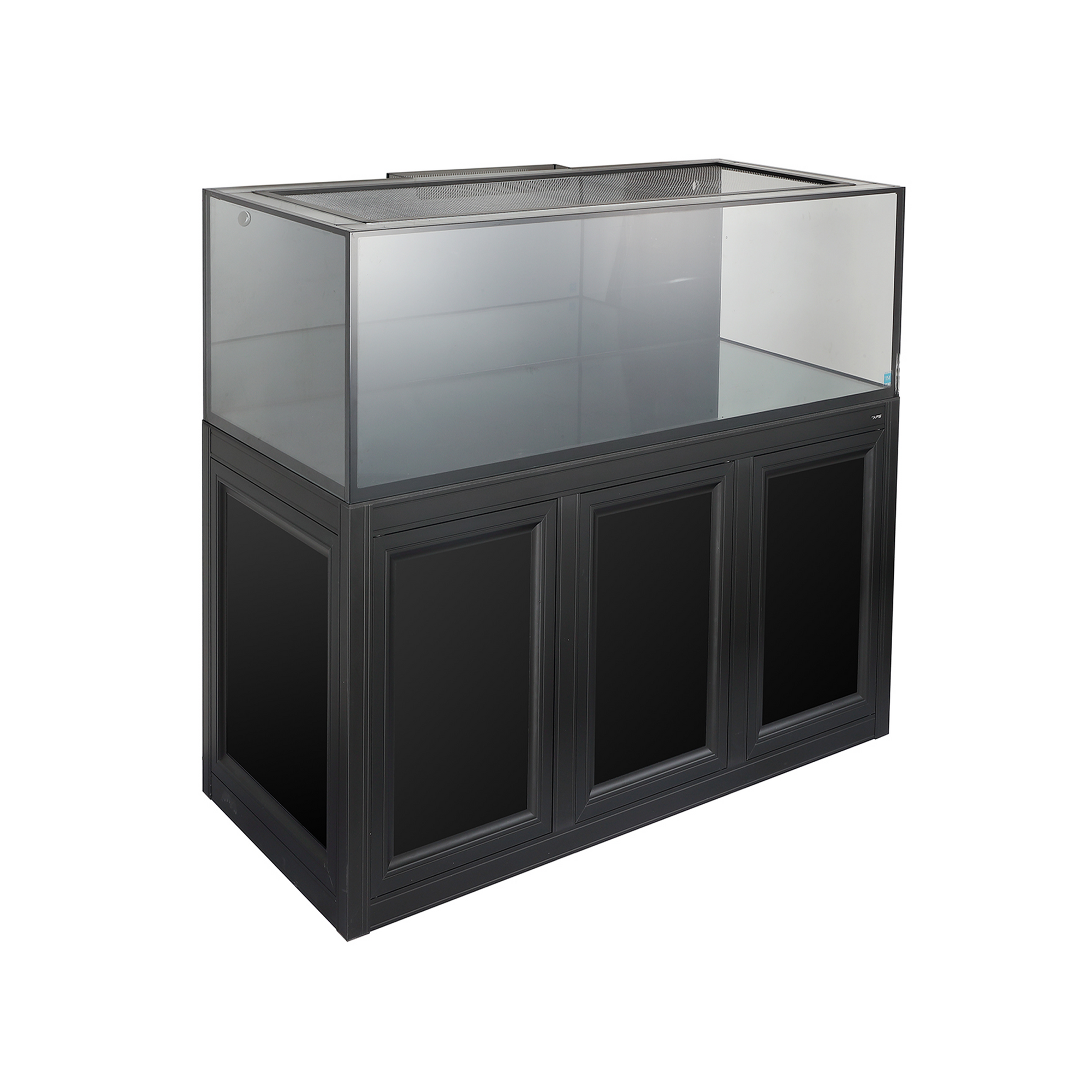 The Innovative Marine - EXT 170 Aquarium w/ APS Stand features a large, transparent display case with a black wooden base and three panels, perfect for showcasing items in retail or museum environments. Its design merges elegance and functionality reminiscent of NUVO EXT style.