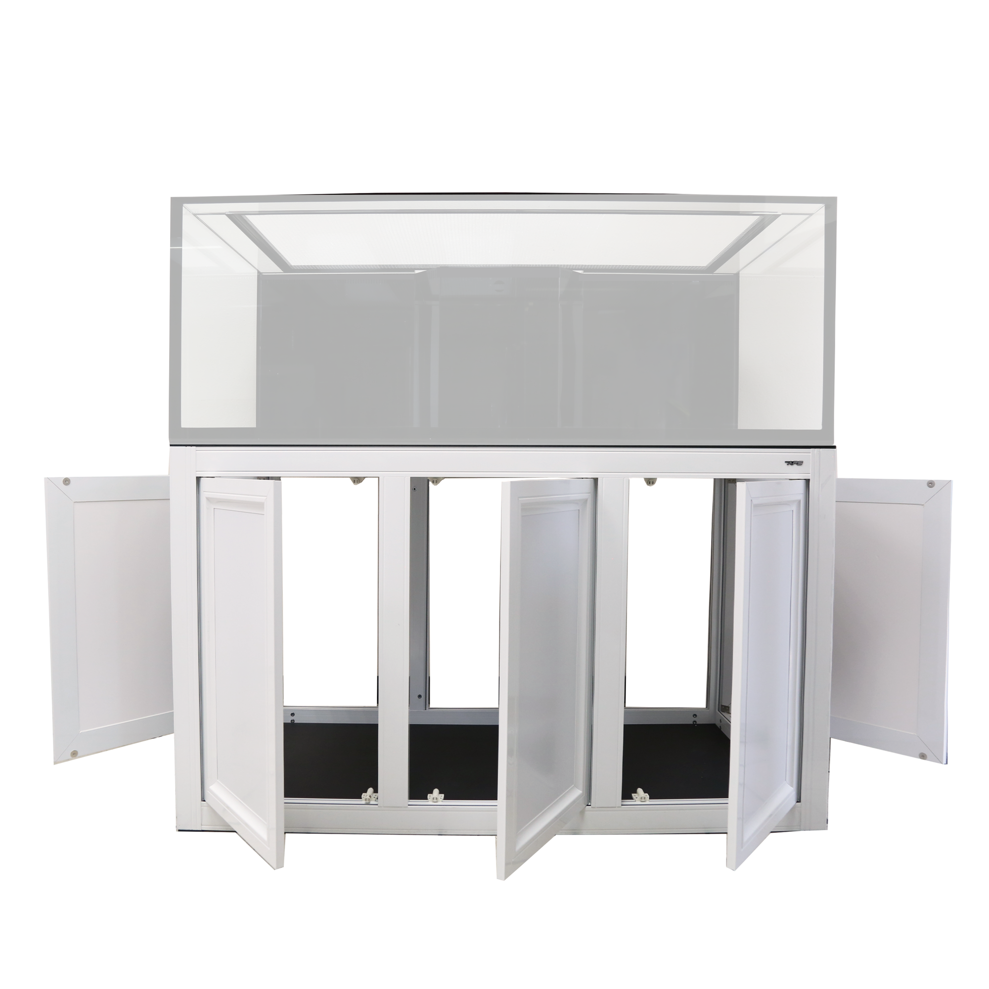 The Innovative Marine - EXT 170 Aquarium w/ APS Stand is a steel cabinet with a spacious glass top, ideal for aquariums or NUVO EXT systems. It features six open white panel doors and a plain white background.