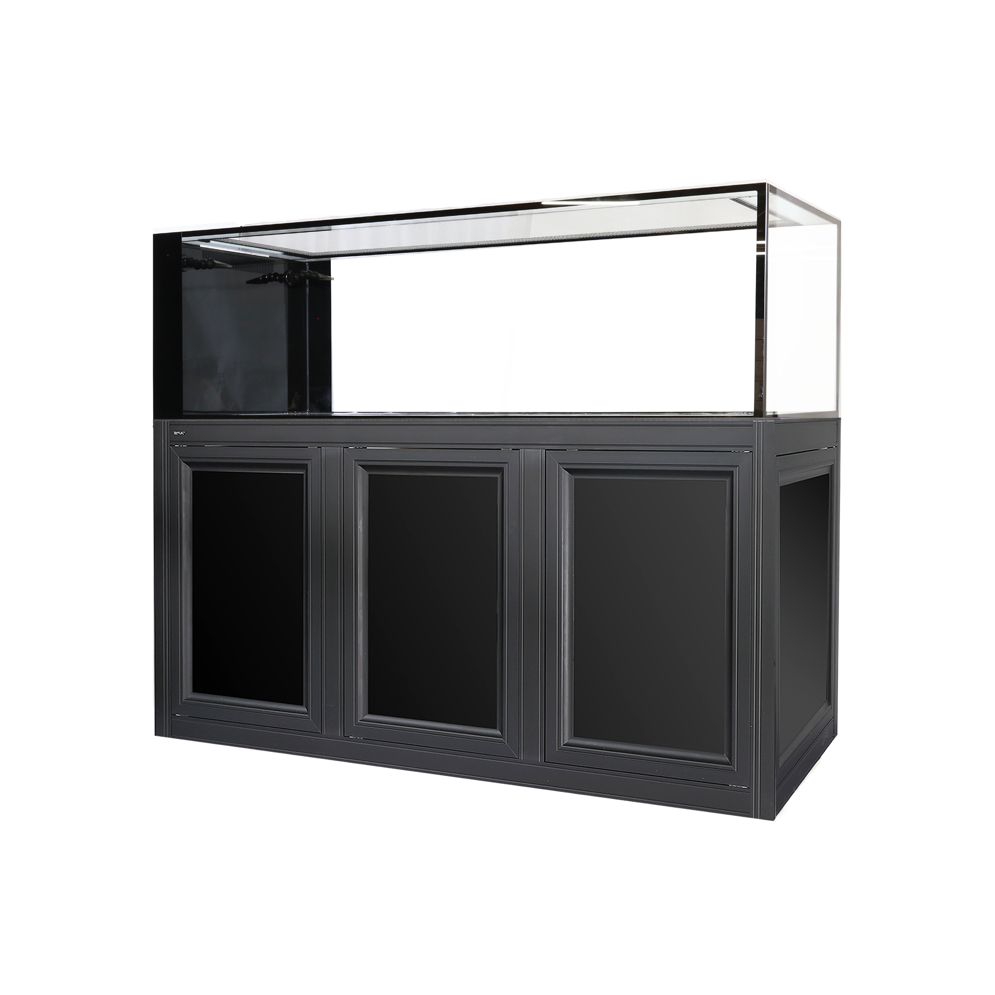 The Innovative Marine EXT 200 Peninsula Aquarium with APS Stand, made to order, features a sleek design ideal for reef systems. Its matching cabinet base includes three paneled doors, offering ample storage and a sophisticated look suitable for home or office.