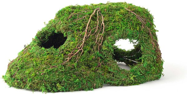 The Galapagos - Mossy Corner Hide is shaped like a reptile or dinosaur skull with two large eye sockets, covered in green moss and detailed with brown vine-like accents for a natural look.