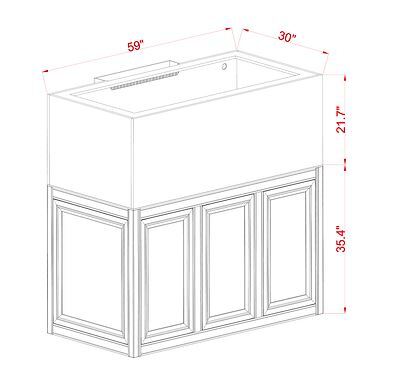 The Innovative Marine - EXT 170 Aquarium w/ APS Stand is a line-drawn cabinet, ideal for an aquarium. It measures 59 wide, 30 deep, and 35.4 high, with a sink at 21.7, perfect for Bean Animal drain systems. The design includes three panel doors.