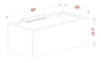 Line drawing of a rectangular Innovative Marine EXT 170 Aquarium w/ APS Stand showing dimensions: length 59 inches, width 30 inches, and height 21.7 inches, featuring a Bean Animal drain system for efficient water flow.