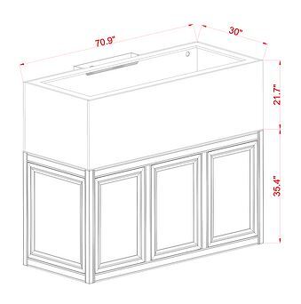 Diagram of an Innovative Marine- EXT 200 Aquarium with APS Stand, measuring 70.9 wide and 30 deep. The stand is 21.7 high on the upper part and 35.4 on the lower, designed for a 200-gallon tank—perfect for displaying aquatic life in NUVO EXT style.