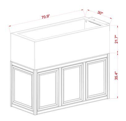 Line drawing of a rectangular cabinet with three paneled doors, designed for the Innovative Marine - EXT 200 Peninsula Aquarium w/ APS Stand. Dimensions: 70.9 wide, 30 deep, and 35.4 tall, plus a top section height of 21.7 for integration with your reef system.