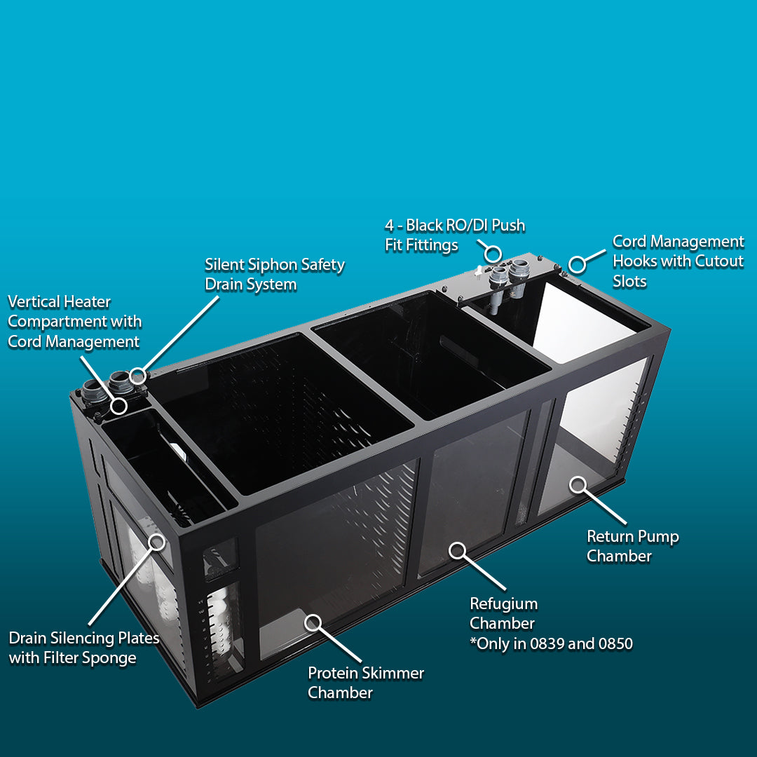 Innovative Marines INT 200 Gallon Complete Reef System Diagram on a blue gradient background showcases labeled components: vertical heater compartment, silent siphon safety, skimmer chamber, refugium chamber, return pump chamber, drain silencing plates, cord management hooks, and RO/DI fittings. Ideal for saltwater reef systems.