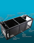 Innovative Marines INT 200 Gallon Complete Reef System Diagram on a blue gradient background showcases labeled components: vertical heater compartment, silent siphon safety, skimmer chamber, refugium chamber, return pump chamber, drain silencing plates, cord management hooks, and RO/DI fittings. Ideal for saltwater reef systems.